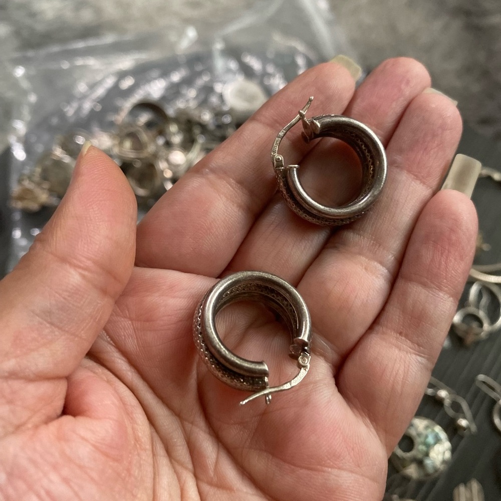 Textured  Sterling Silver Chunky Huggie Hoop Earrings